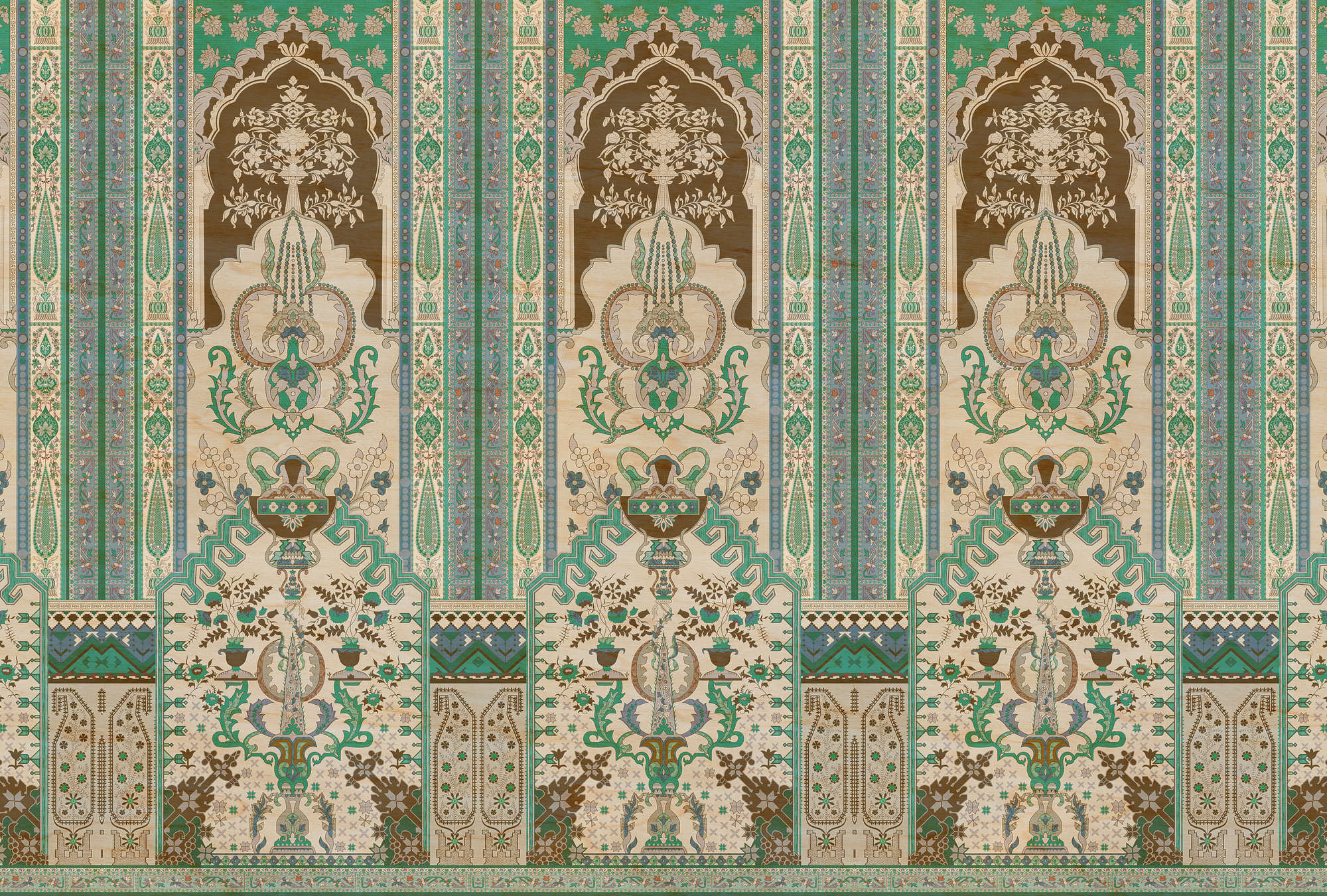             Fototapete »tara« - Ornamentvertäfelung mit Sperrholzstruktur – Grün, Beige | Glattes, leicht glänzendes Premiumvlies
        