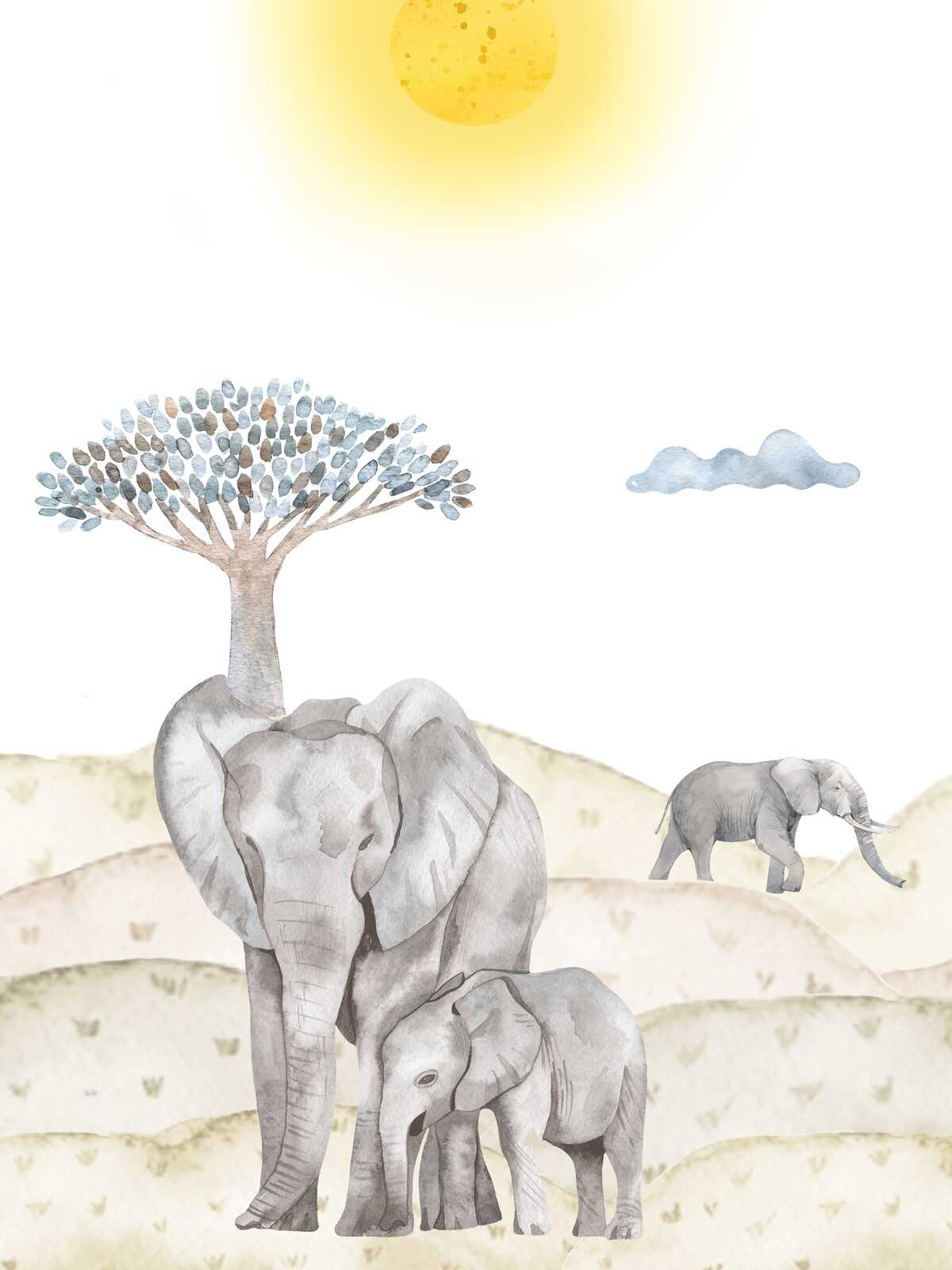             Leinwandbild Elefantenfamilie in der Savanne - Sanftes Naturmotiv für Kinderzimmerdekoration – 30 x 40 cm - Beige, Blau
        