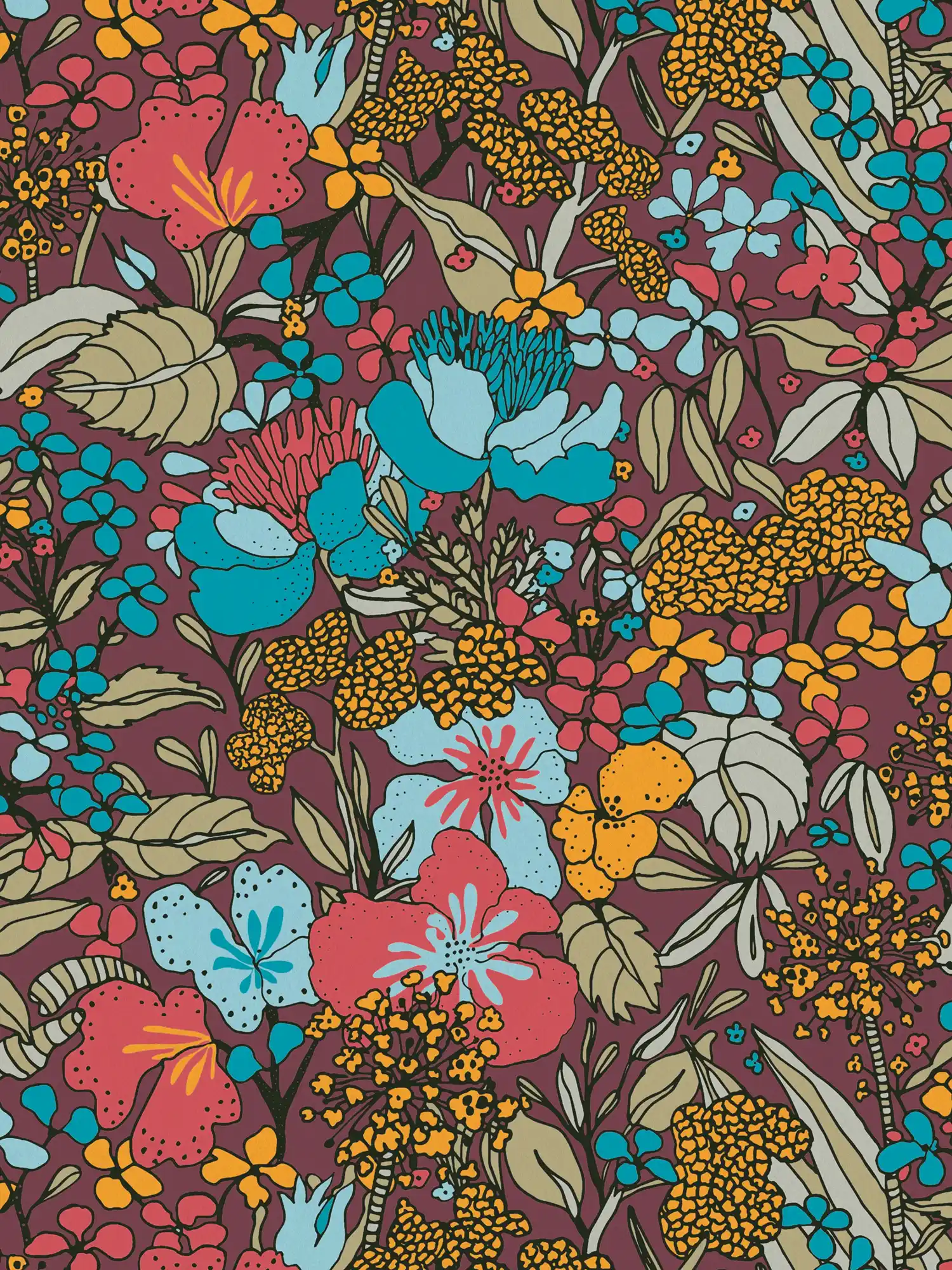         Blumen Tapete Violett im 70er Retro Design – Rot, Blau, Gelb
    