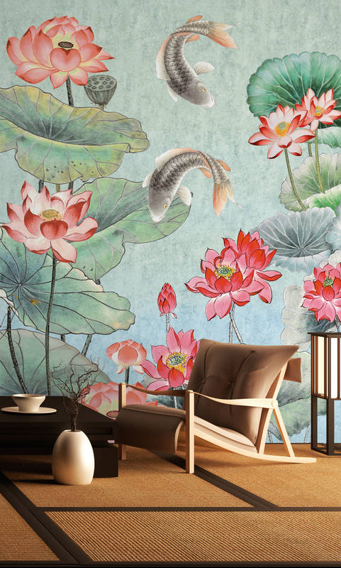 koi patten, kissen wand, lotos blumen, teppich natur, möbel lounge