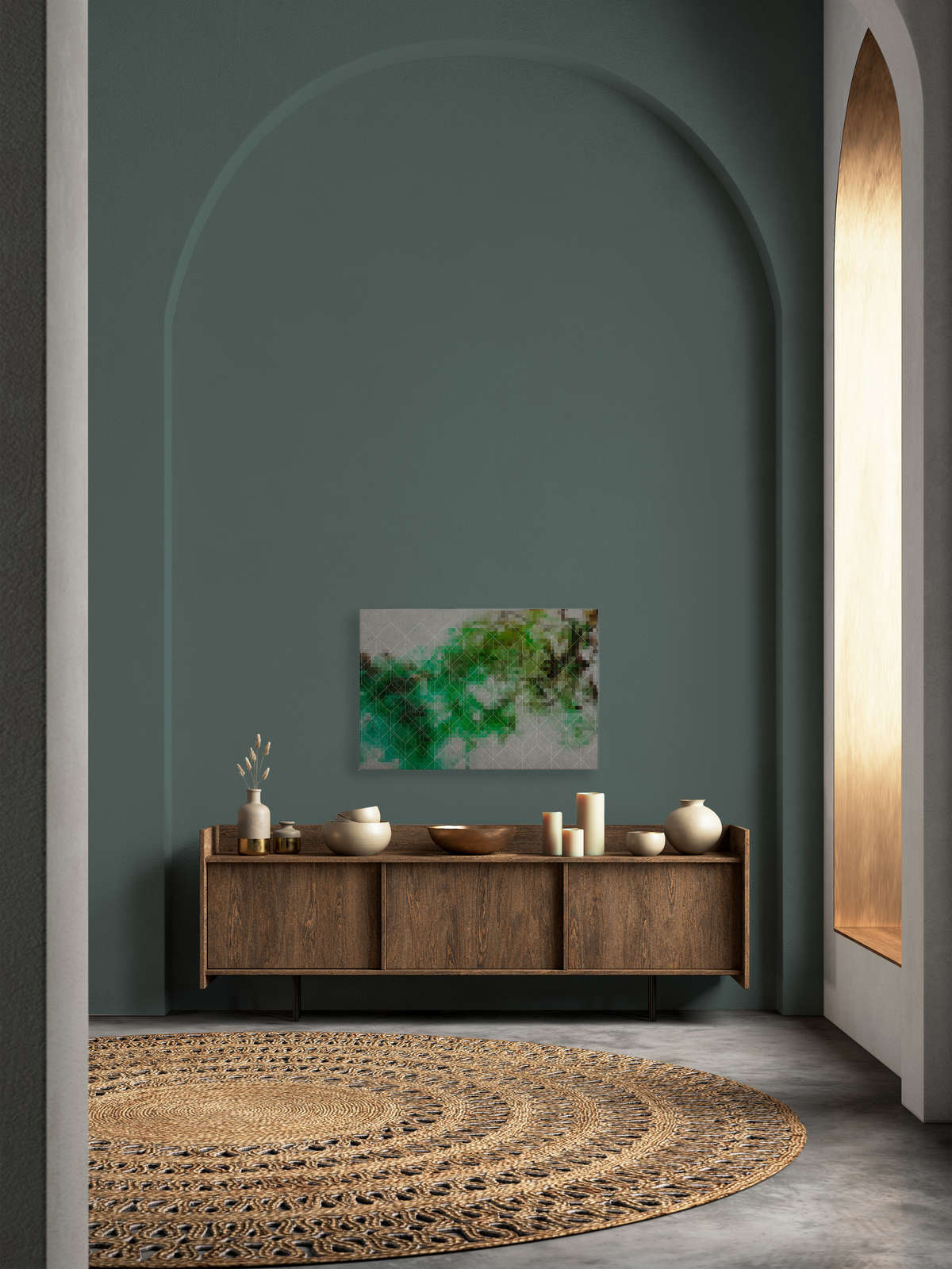             Leinwandbild Farbe-Wolken & Linienmuster | grün, grau – 0,90 m x 0,60 m
        