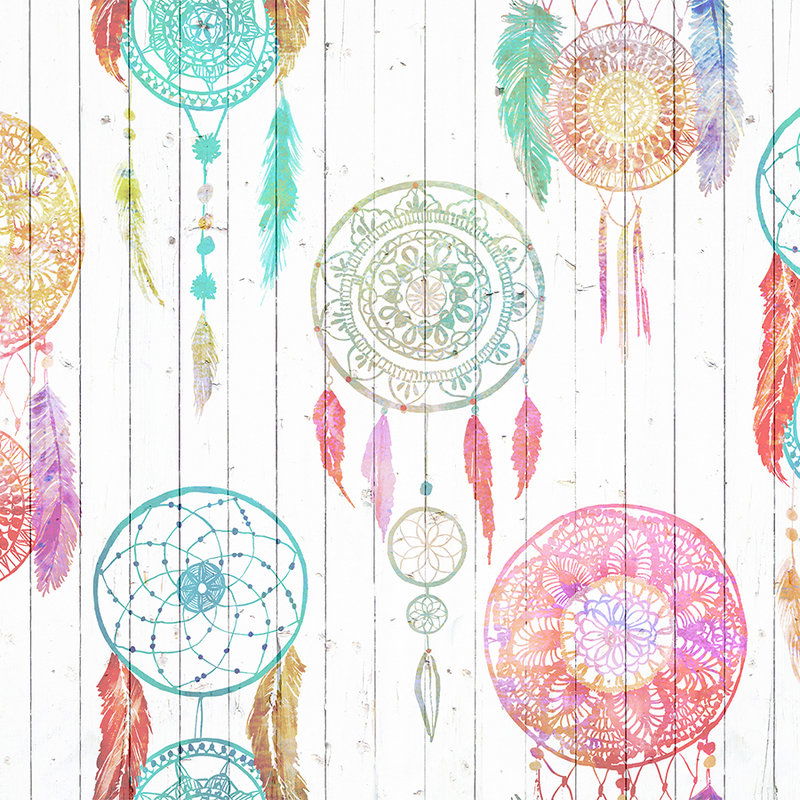            Boho mural with dream catcher & wood look - colourful, white, red
        