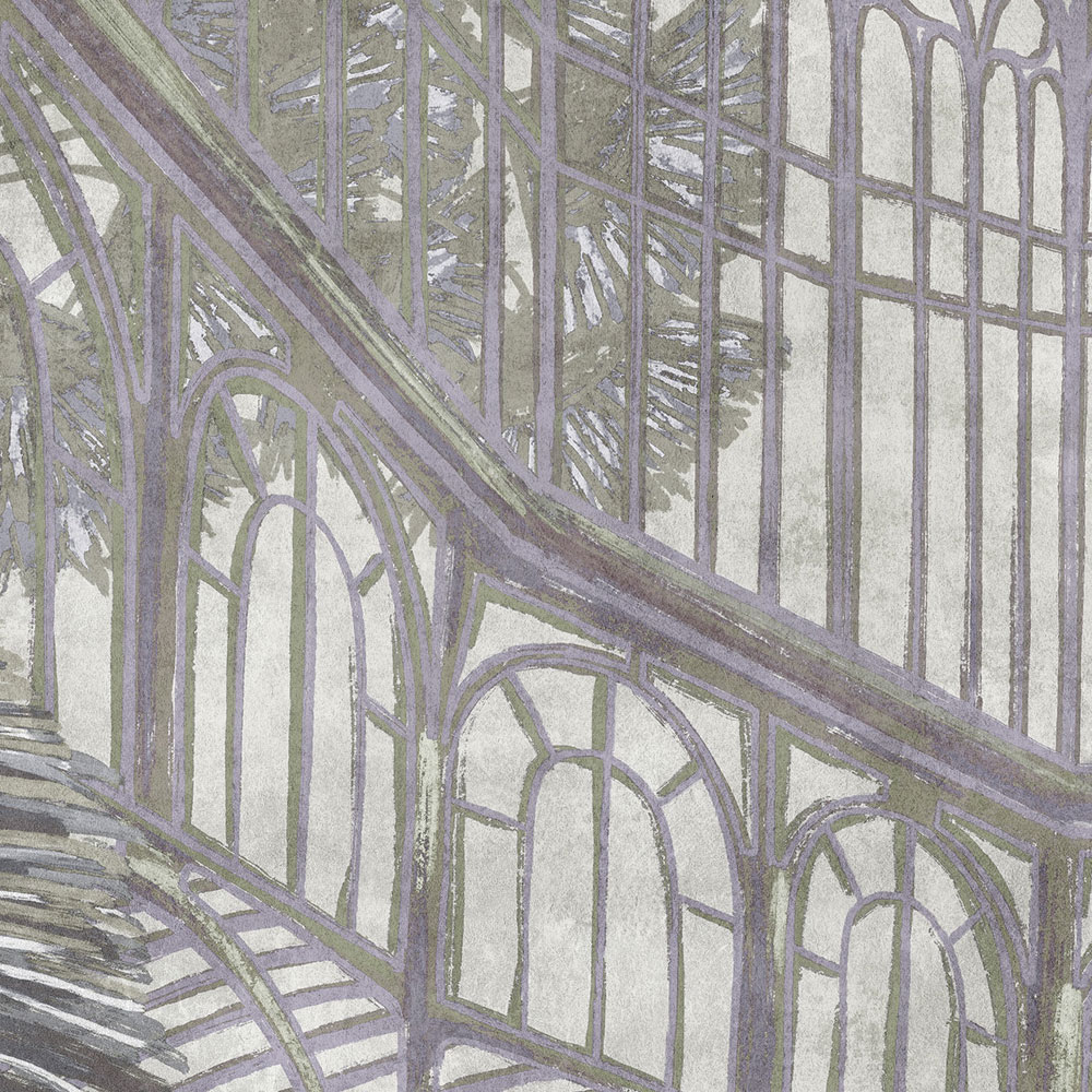 Fototapete »orangerie 1« - Pavillon mit Jungle-Blättern auf Vintage-Putzstruktur –Grün, Grau | Glattes, leicht glänzendes Premiumvlies