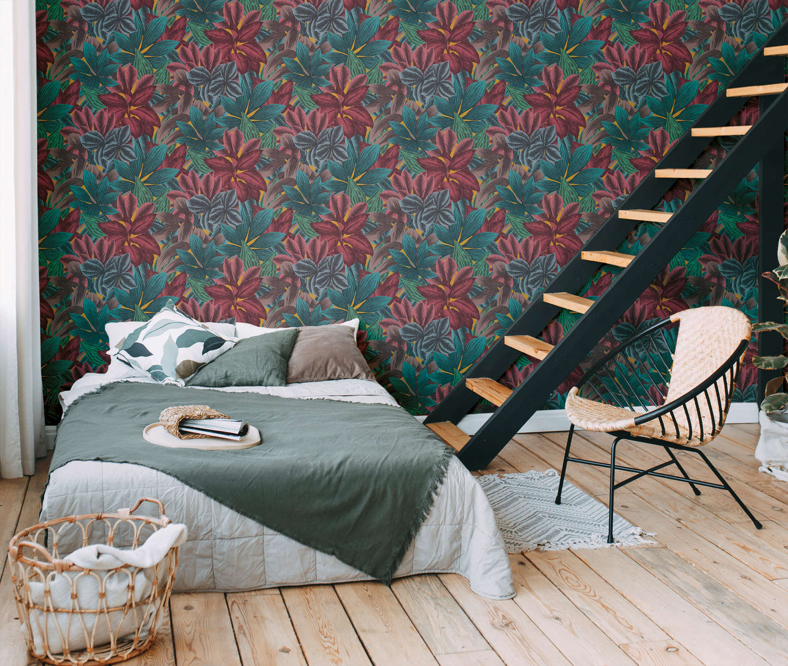             Vliestapete mit Blättermuster in bunten Farben – Bunt, Blau, Rosa
        