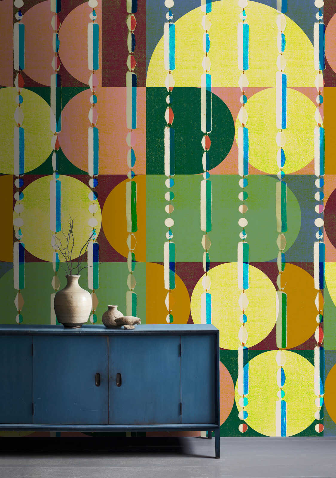 abstract wallpaper, geometric pattern, vintage blue cabinet, ceramic vases, decorative wall