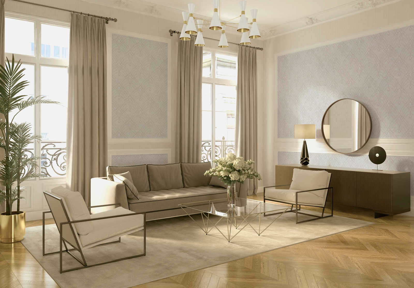             Putzoptik Tapete mit Art Deco Muster & Metallic Effekt – Beige, Creme, Gelb
        