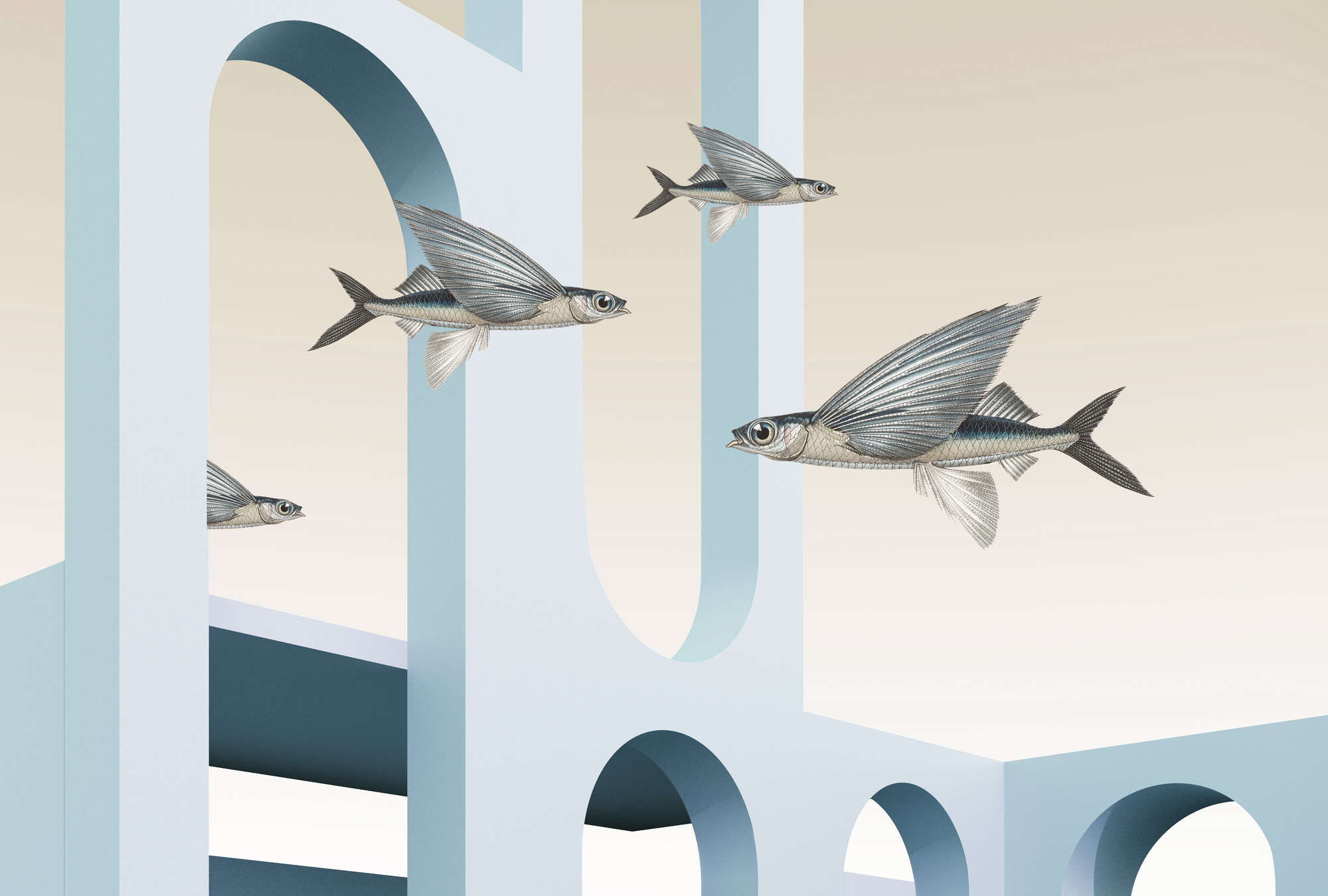             styx – Fototapete mit abstrakter 3D-Architektur und fliegenden Fischen – Glattes, leicht glänzendes Premiumvlies
        