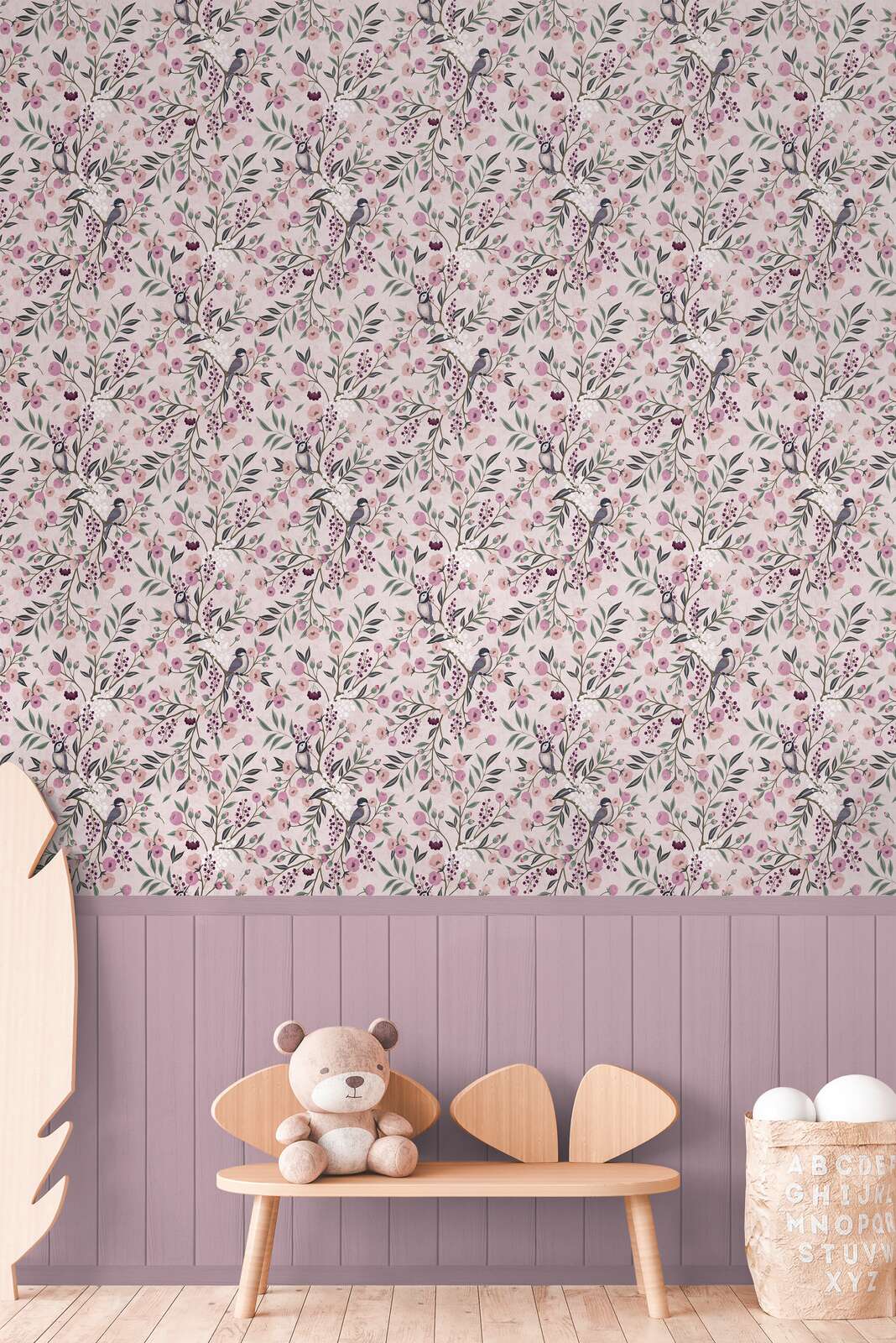            Vogelparadies Vliestapeten Panel 159cm Breite x 280cm Höhe – Romantisches Design mit Vögeln und Blüten in sanften Farben, glatte Oberfläche – Bunt, Grün, Rosa
        