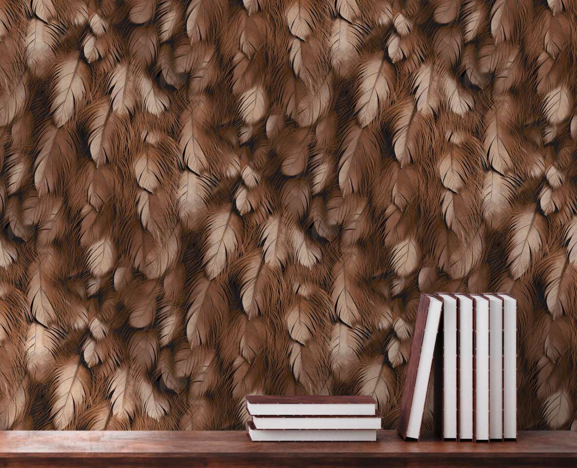            Luxuriöse Vliestapete mit elegantem Feder-Motiv im 3D Look – Kupfer, Orange
        
