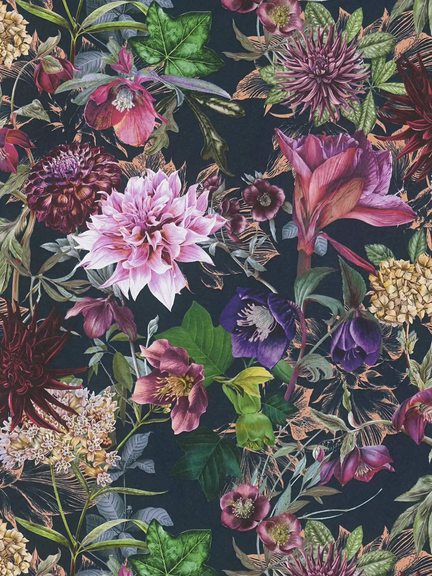         Black wallpaper with colourful flowers - pink, black
    