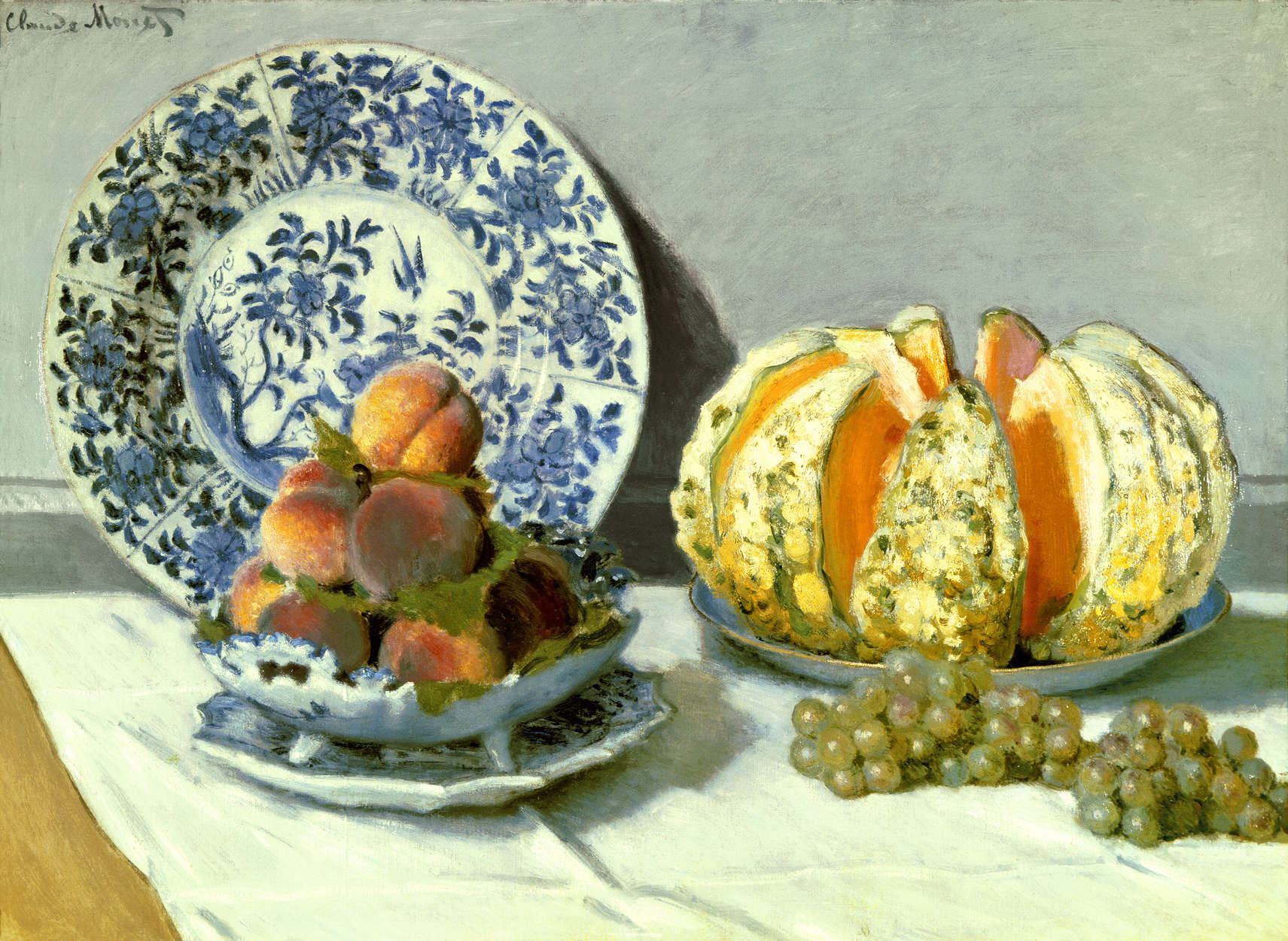 still life, fruit, Pfirsiche, Kürbis, Blau-weißes Teller