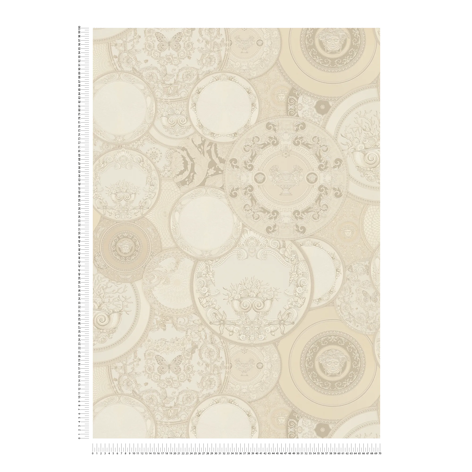 VERSACE Vliestapete mit ornamentalen Medaillons &amp; filigranen Barockdetails glänzend leicht strukturiert – Beige, Weiß, Creme