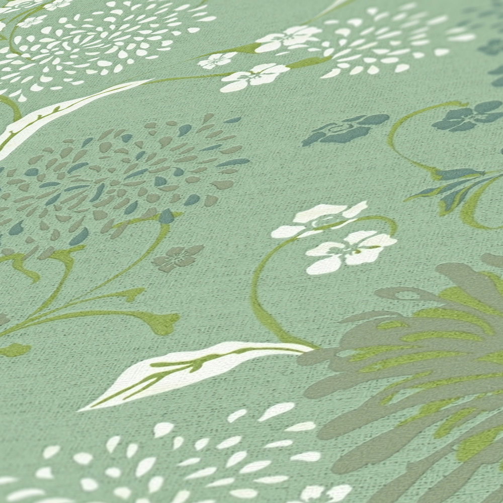Non-woven wallpaper with floral dandelion pattern - green, white