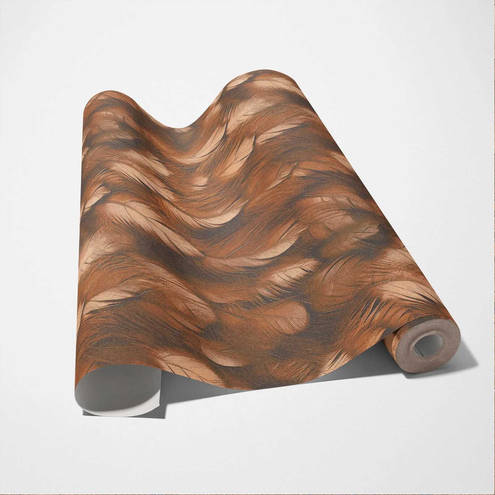             Luxuriöse Vliestapete mit elegantem Feder-Motiv im 3D Look – Kupfer, Orange
        