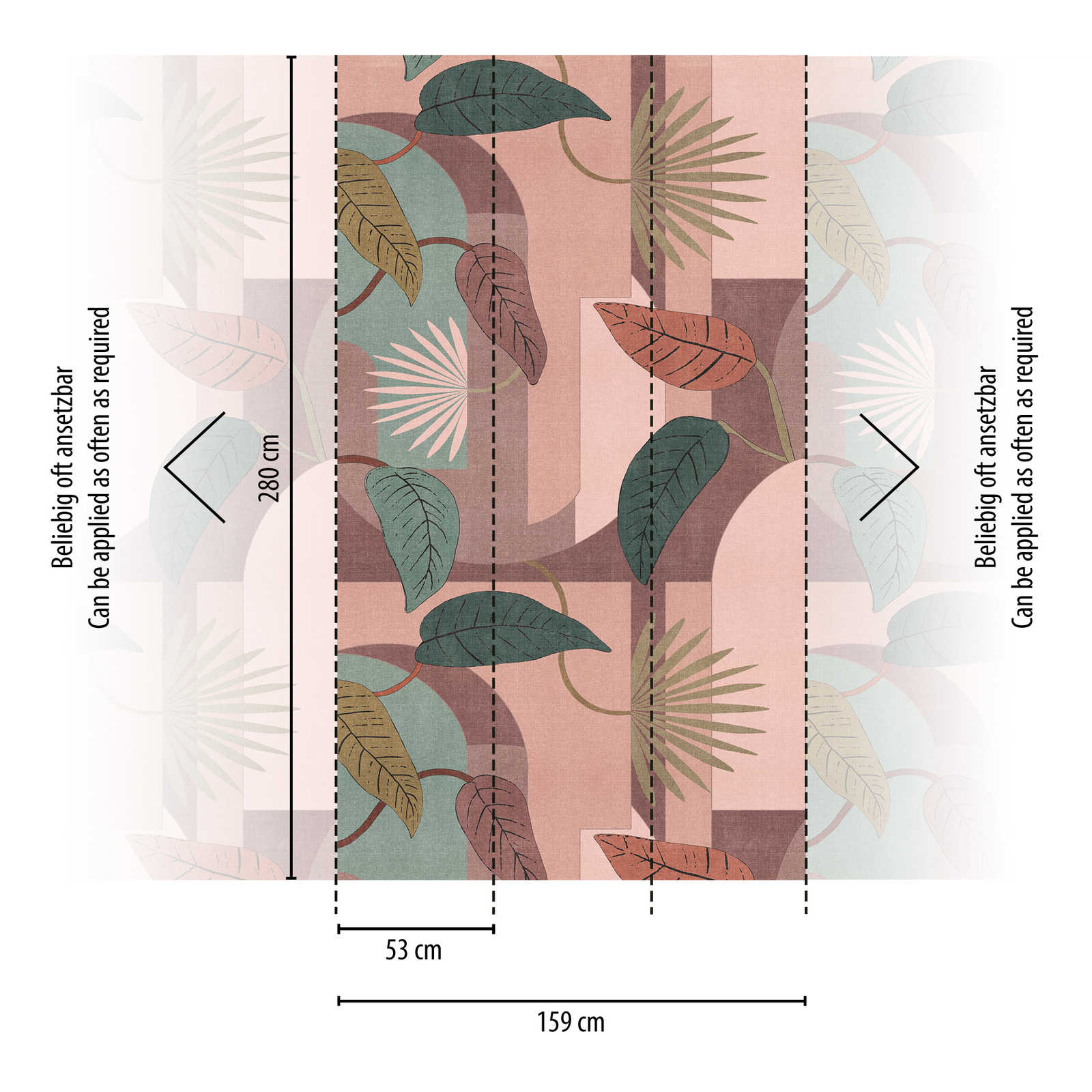            Vliestapete mit floralem Blattmuster und abstrakten Formen – Rosa, Türkis, Beige
        