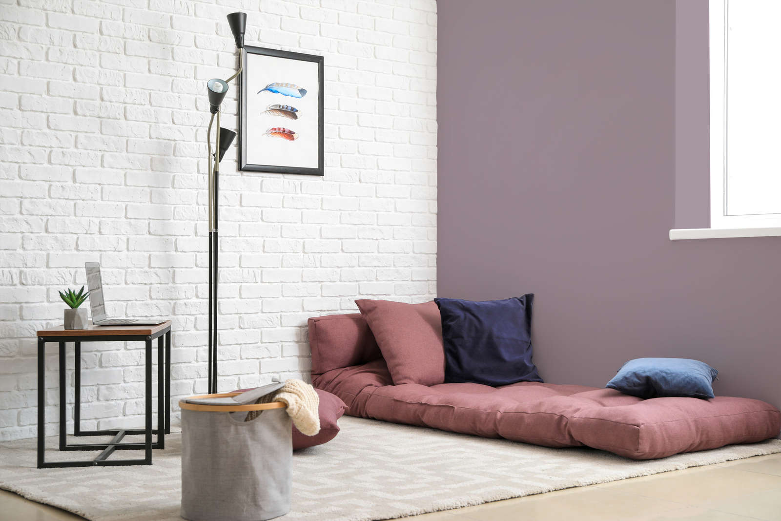 wohnzimmer, bodenmatte, kissen, sofa-liege, lampe
