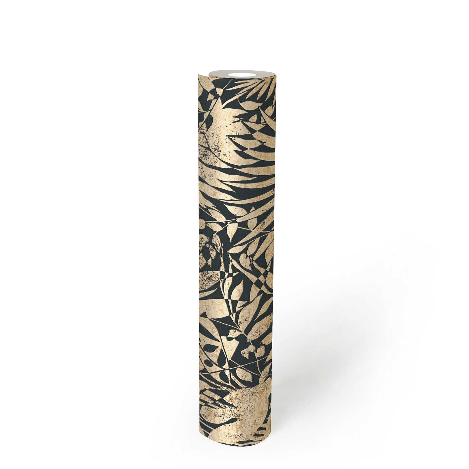             Schwarze Metallic-Tapete mit floralem Muster
        