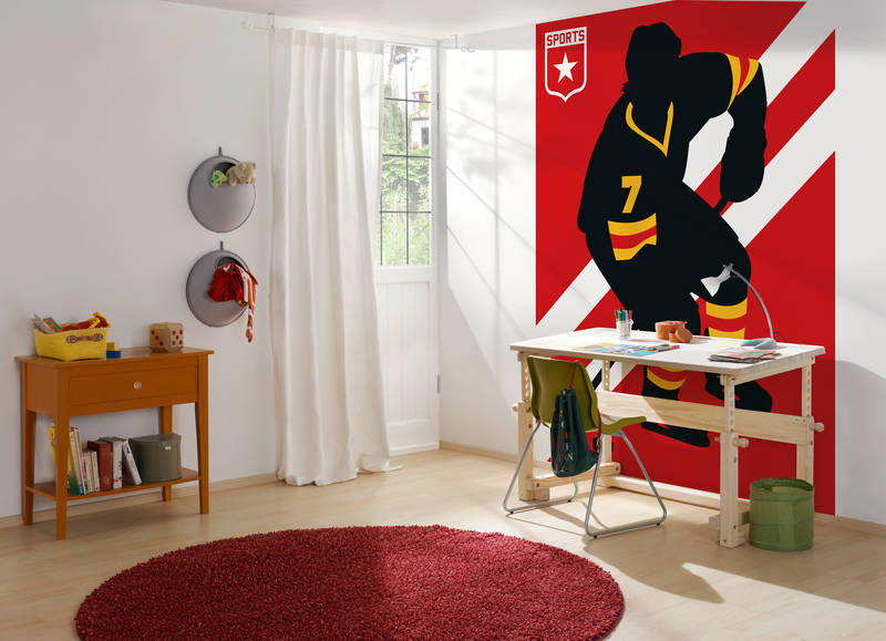 Kinderzimmer, Schreibtisch, Wandmural, roter Teppich, Arbeitsbereich