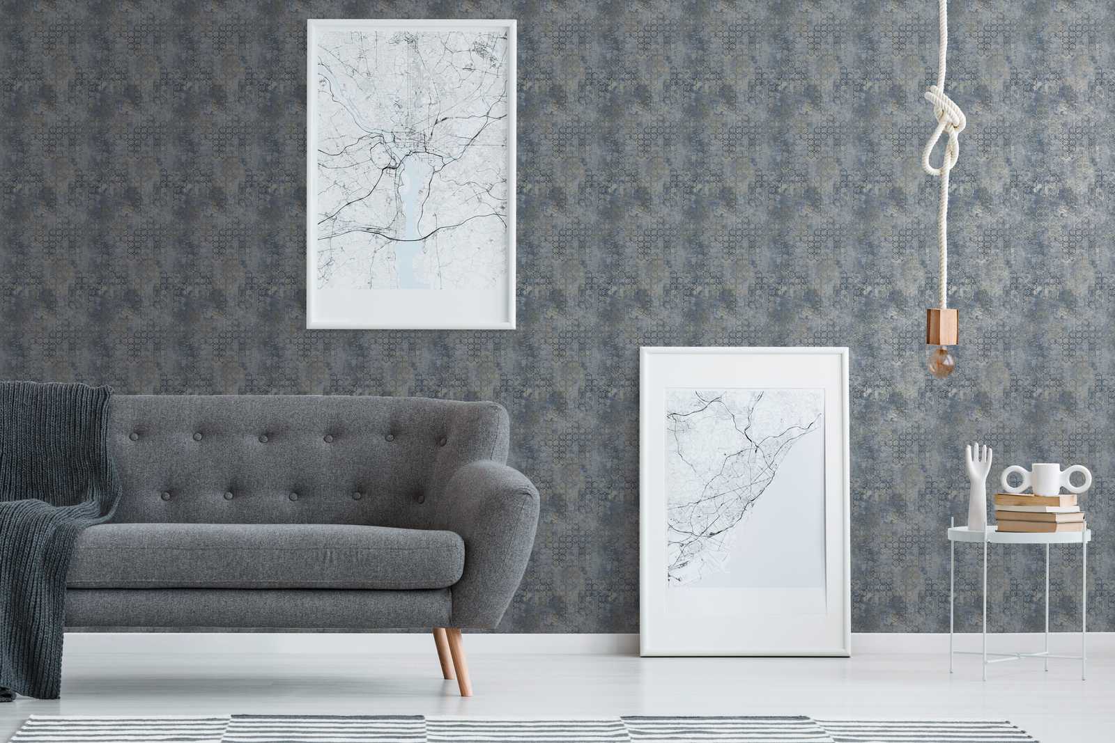             Tapete modernes Design Gold & Beton Effekt – Blau, Gold, Grau
        