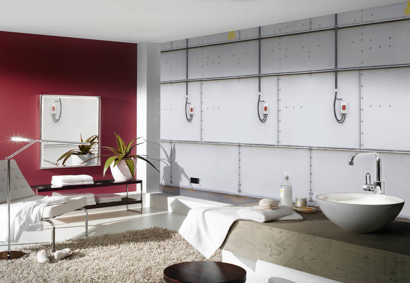             Fototapete Vliestapete Industrial Look – Helle Containerwand mit Schaltern – Grau, Weiß
        