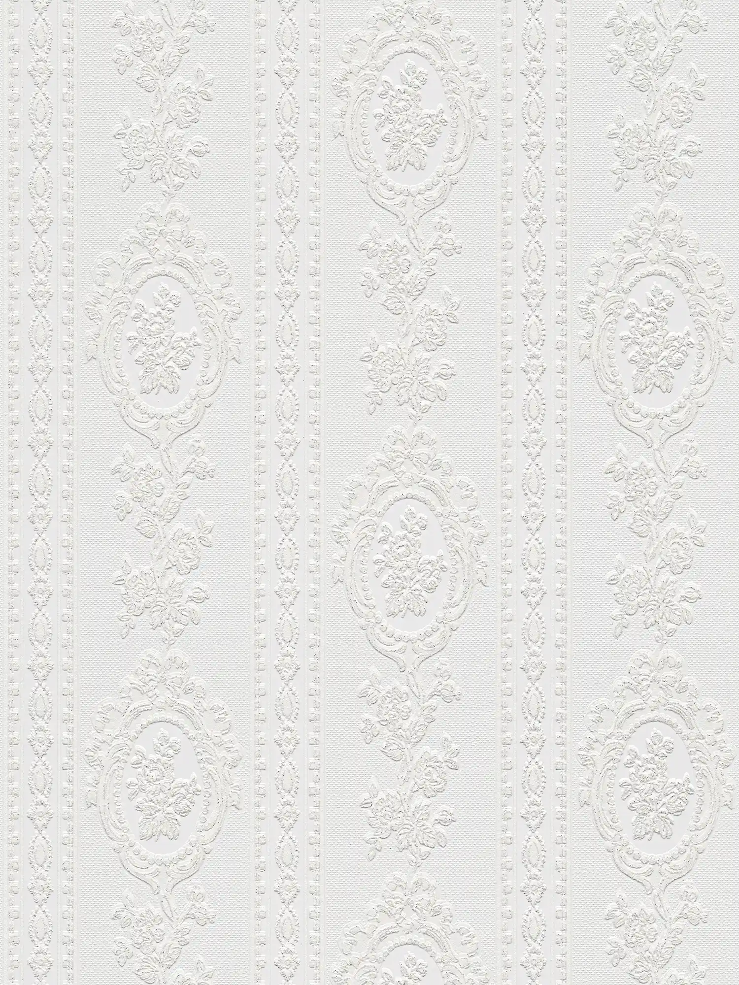         Ornamental wallpaper floral elements, stripes and flowers - white
    