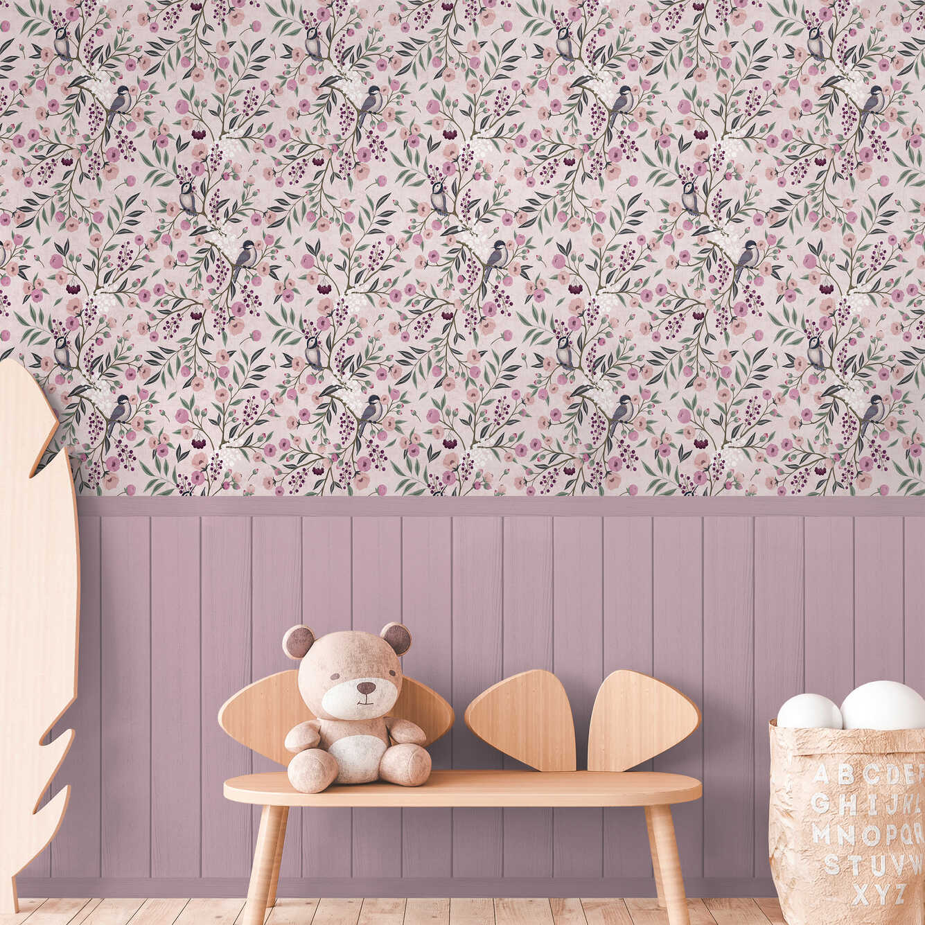         Vogelparadies Vliestapeten Panel 159cm Breite x 280cm Höhe – Romantisches Design mit Vögeln und Blüten in sanften Farben, glatte Oberfläche – Bunt, Grün, Rosa
    