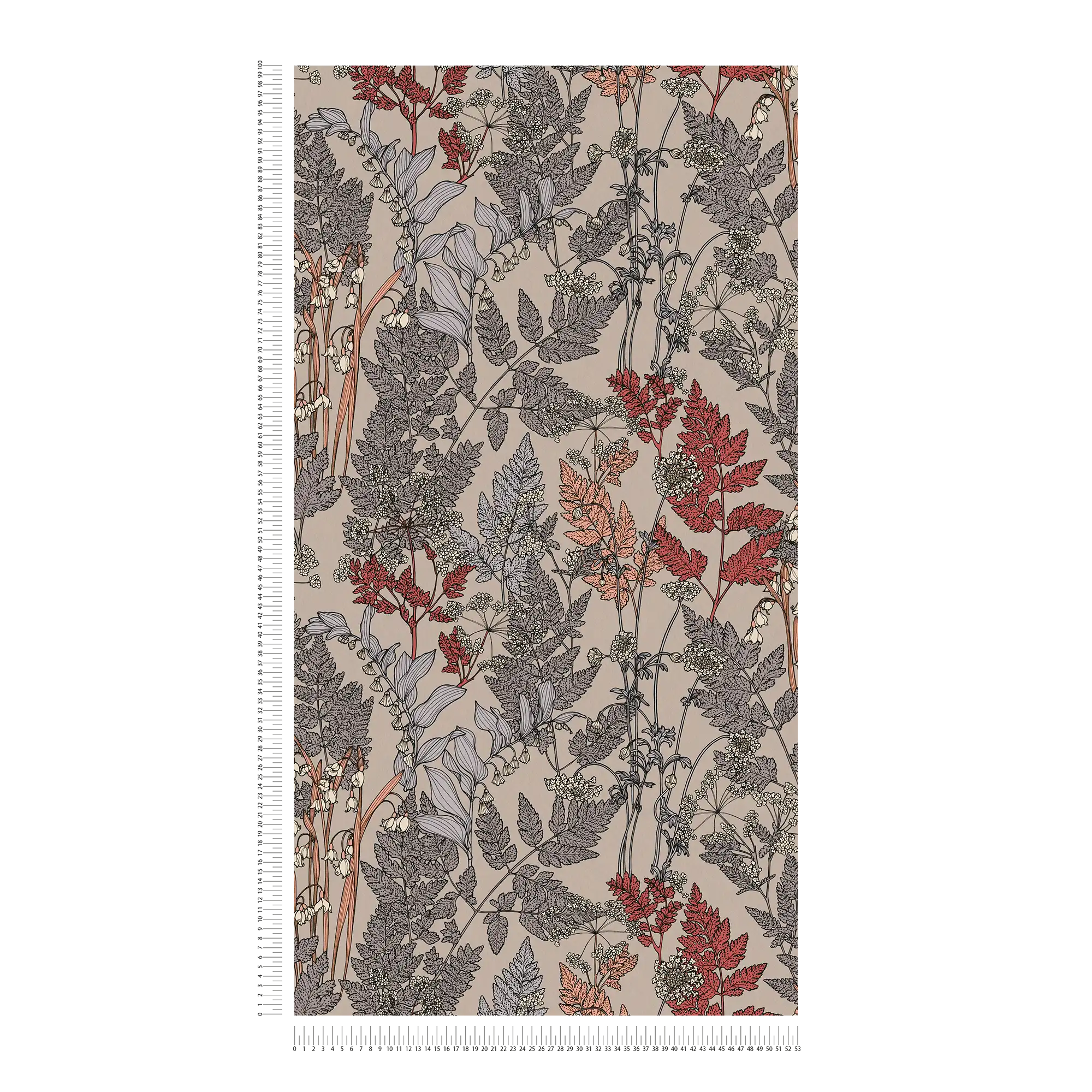             Beige Blumentapete mit Blätter & Blüten Zeichnung – Beige, Grau, Rot
        