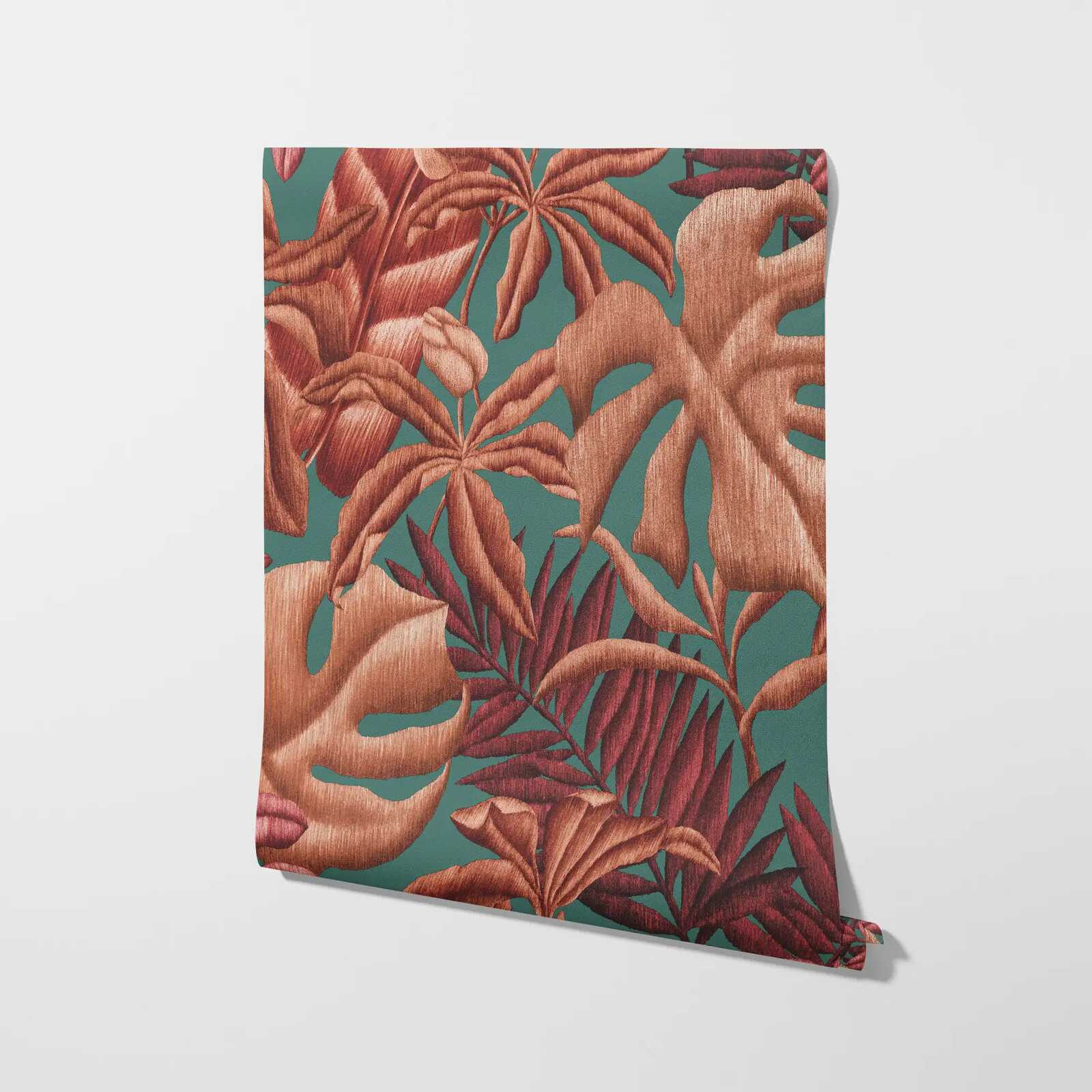             Onderlaag behang met grootschalig bladmotief varen & bananenbladeren - rood, oranje, turkoois
        