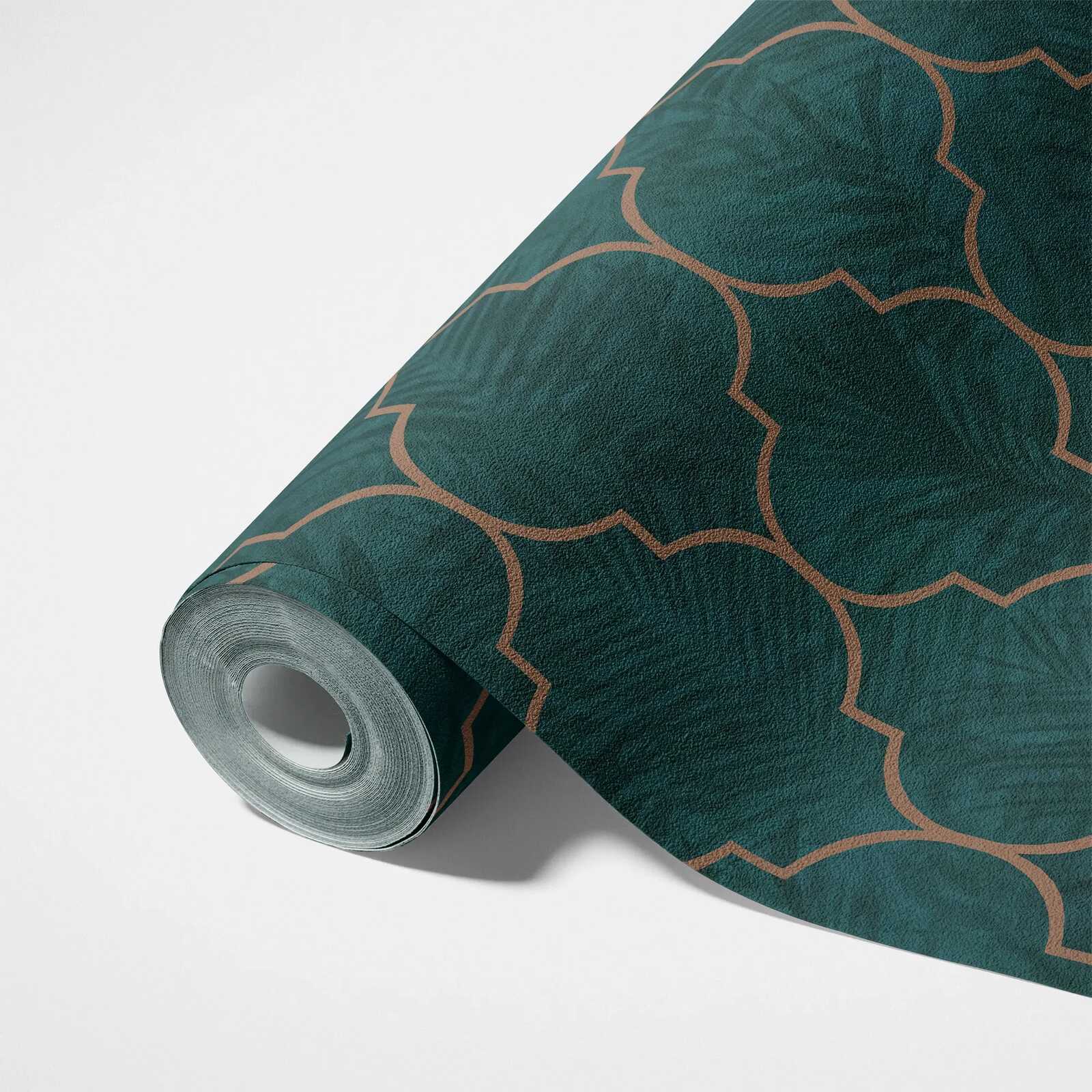             Fliesentapete mit Ornament und Blättermuster – Grün, Türkis, Braun
        