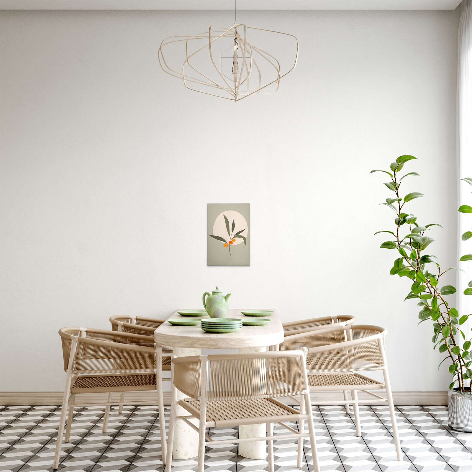             Leinwandbild - Minimalistischer Zweig mit Orangenakzenten ideal für die Küche – 30 x 45 cm - Grün, Creme
        