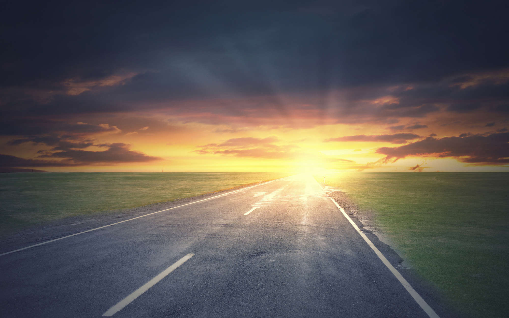 straße, Asphalt, Sonnenuntergang, Landschaft, Straßenmarkierung