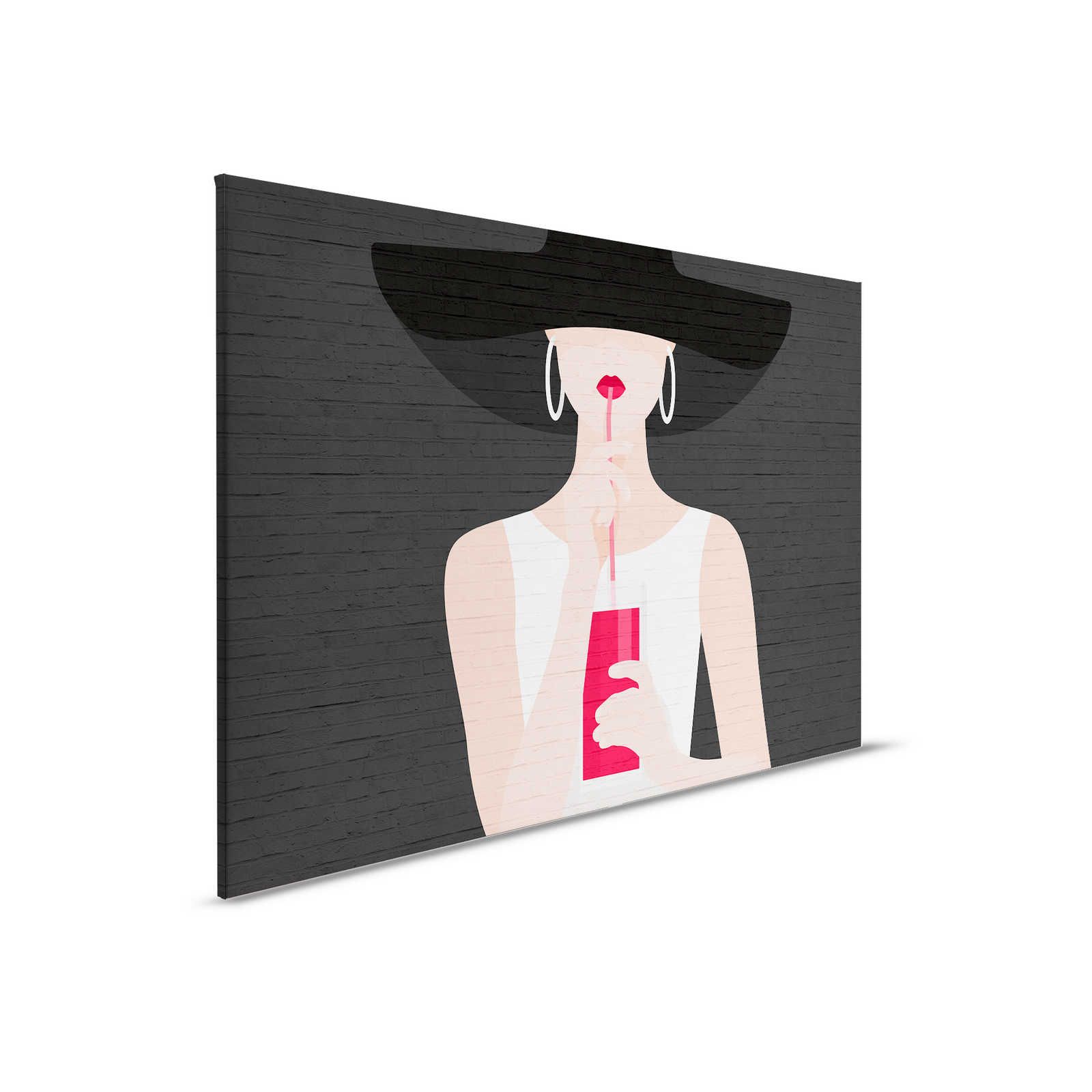             Zwart Canvas schilderij Vrouw met Cocktail & Metselwerk - 0.90 m x 0.60 m
        