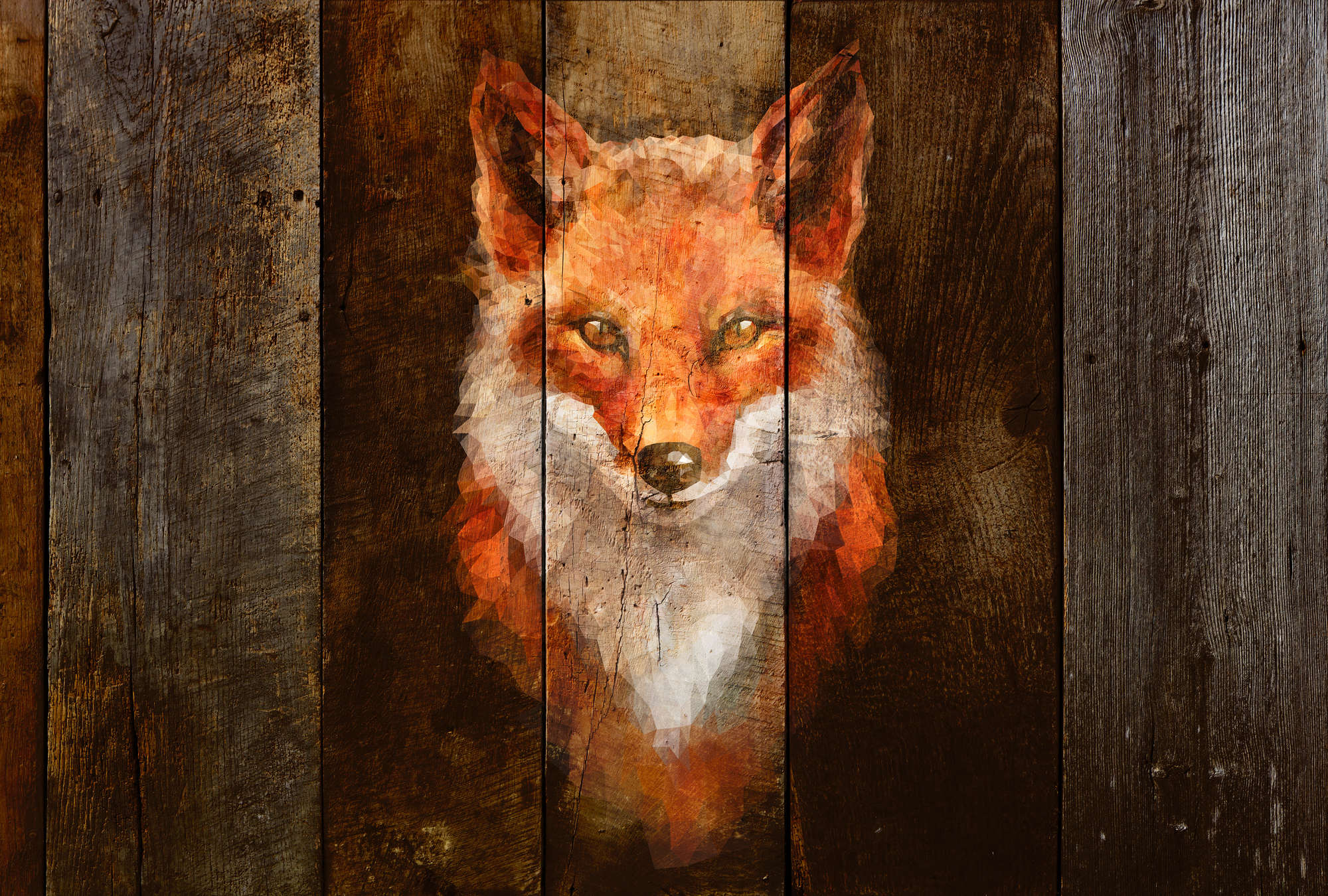 Fuchs, Wildtier, Wandbild, Holzoptik, Geometric
