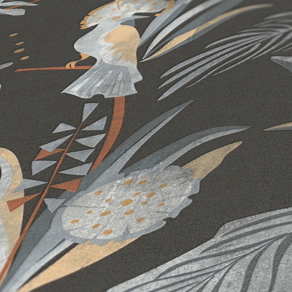             Tapete mit Dschungelpflanzen und Vögeln – Schwarz, Grau, Beige
        