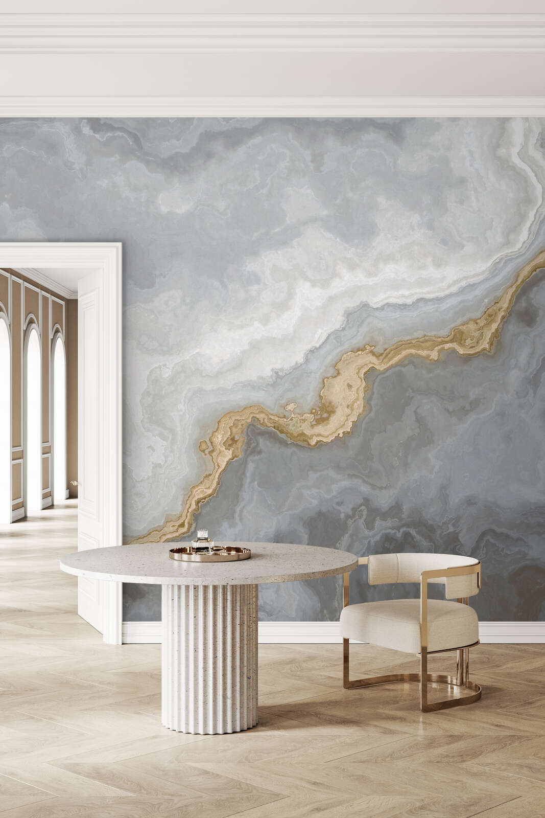 marmorwand, wohnzimmer, tisch, stuhl, keramische tischplatte