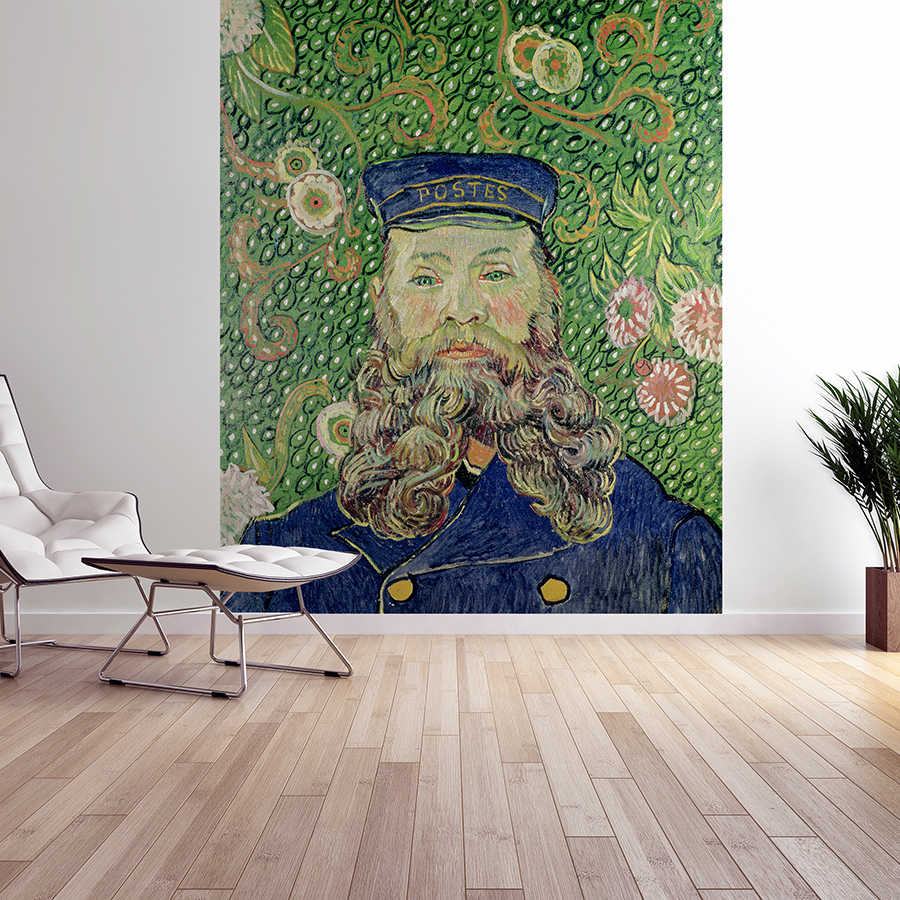 postman-era portrait, bartbart?, blue uniform, green background, portrait mural