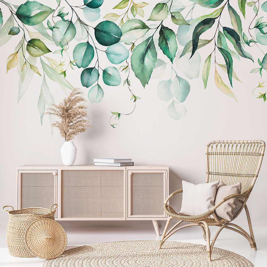         Papier peint avec des rinceaux de feuilles dans un look aquarelle - blanc, vert
    