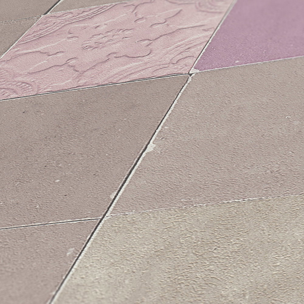             Orientalische Fliesentapete – Grau, Violett, Beige
        