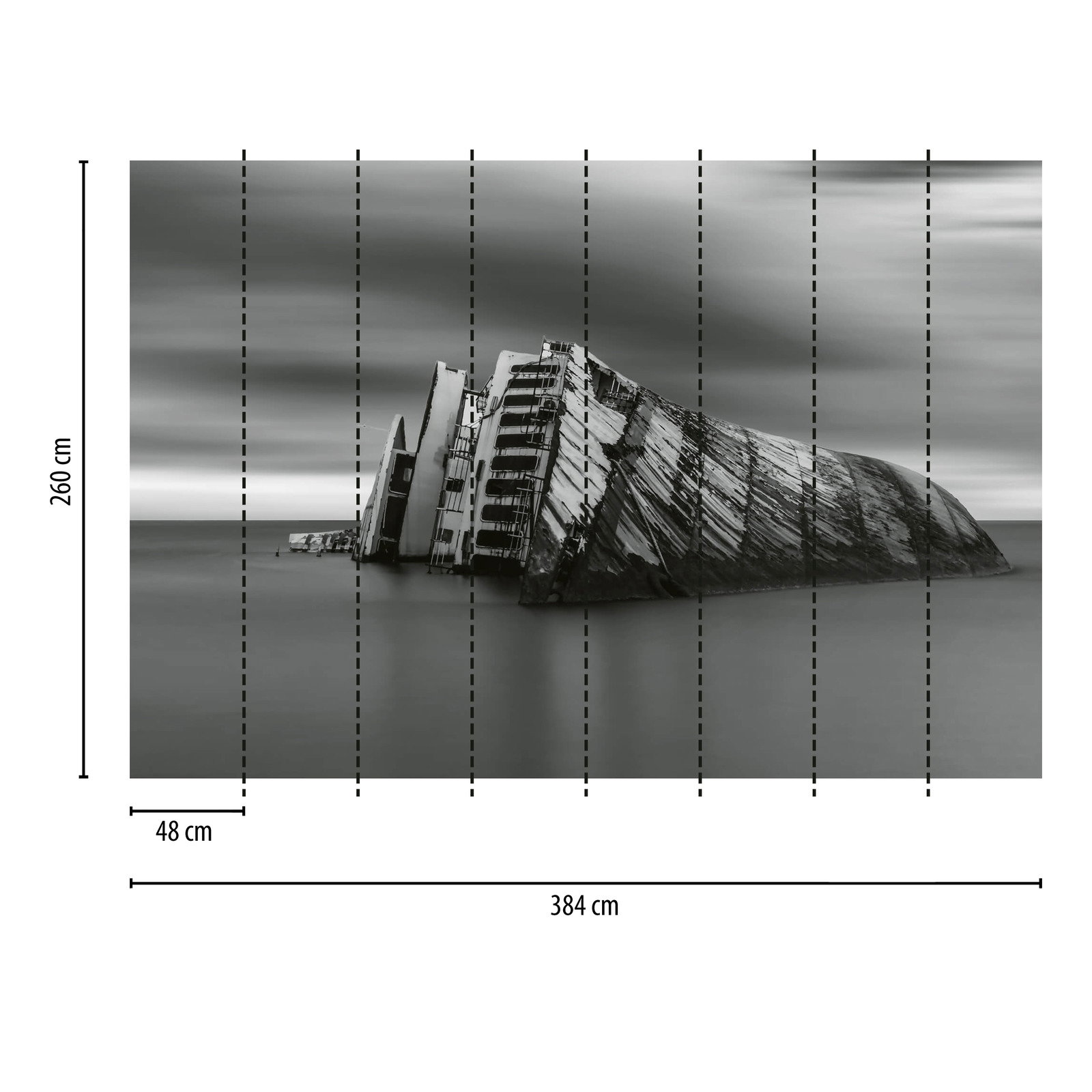             Fototapete Meer mit Schiffswrack – Grau, Weiß, Schwarz
        