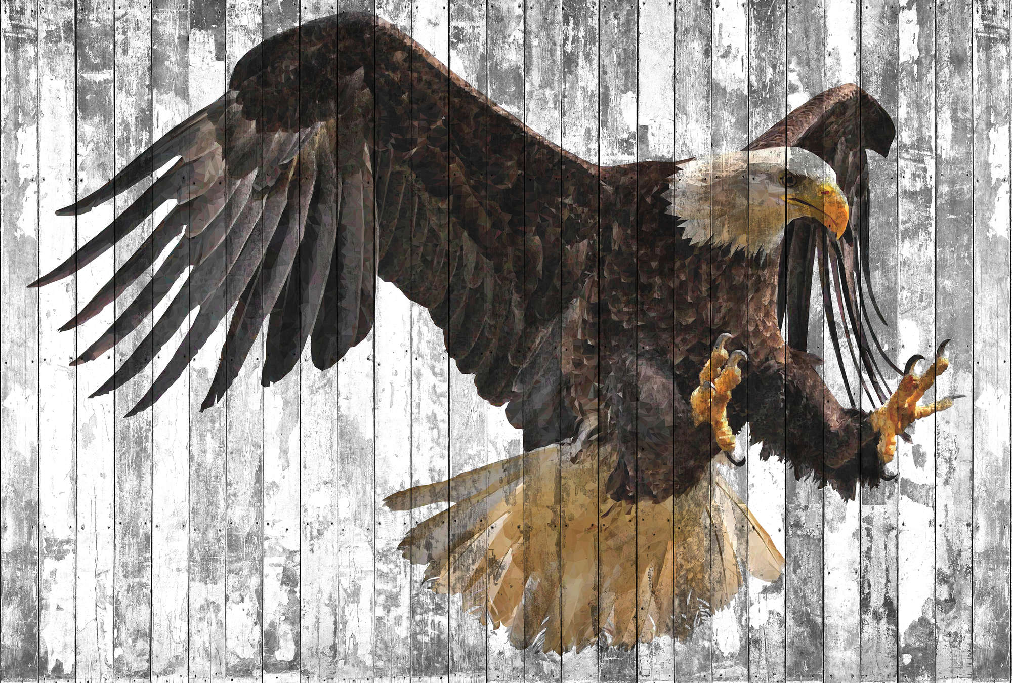             Eagle Art Style Wood Look Behang - Oranje, Grijs, Bruin
        