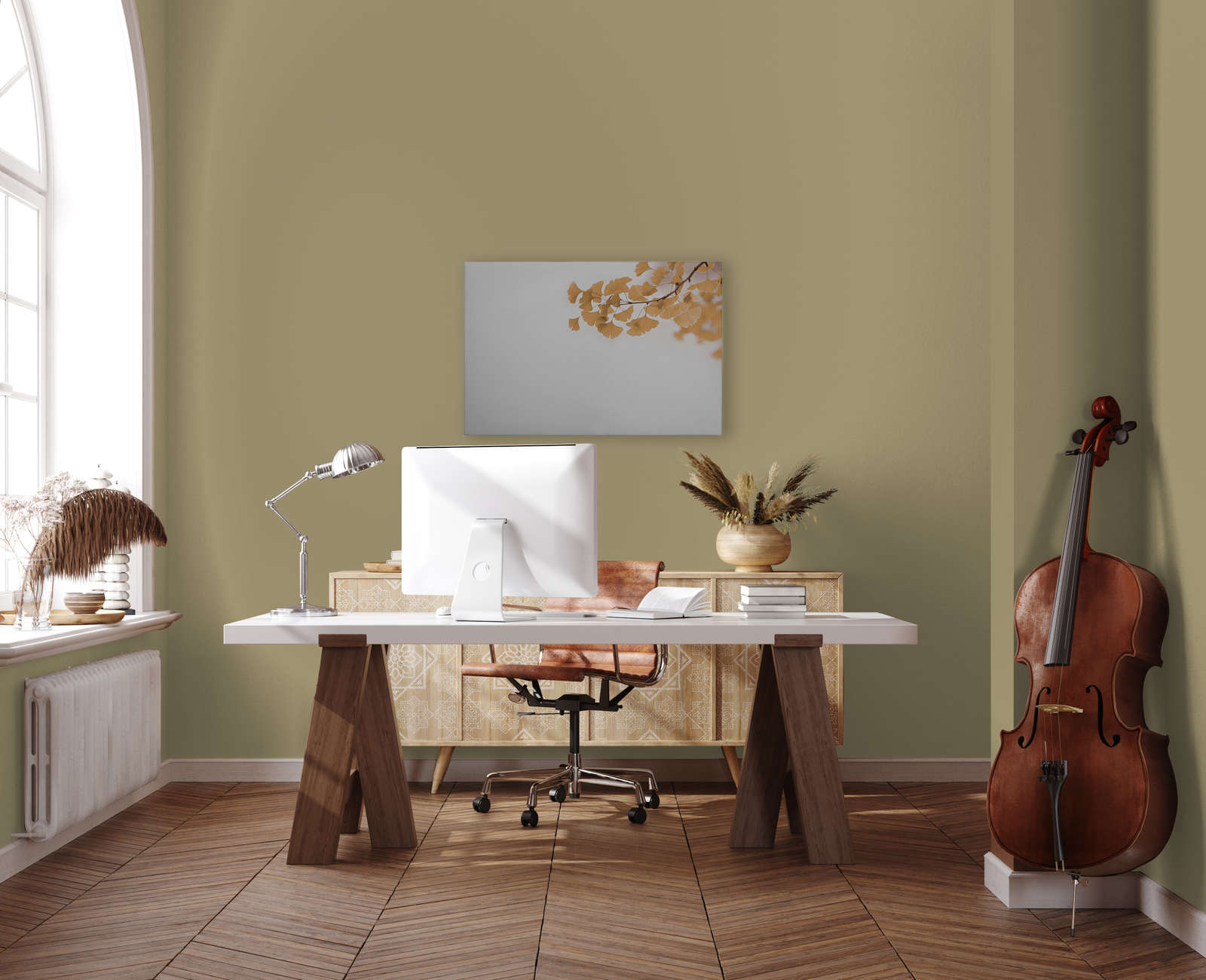             Leinwandbild mit Nachaufnahme von Ginko-Ast | gelb, weiß – 0,90 m x 0,60 m
        