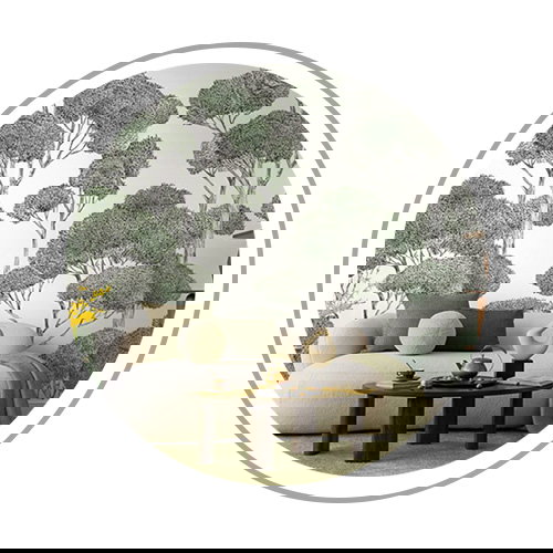 wohnzimmer, wandtapete, waldmotiv, teppich, tisch