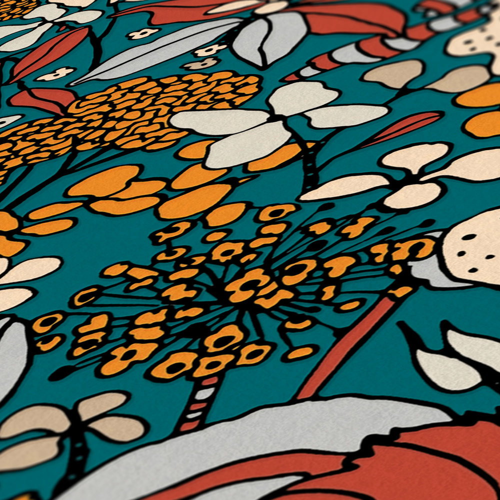             Blumen Tapete Petrol im 70er Retro Design – Bunt, Gelb, Blau
        