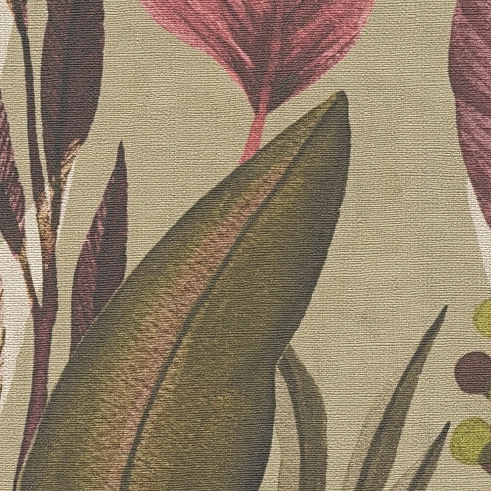             Stilvolle Vliestapete mit wildem Blättermotiv, feine Struktur – Braun, Pink
        