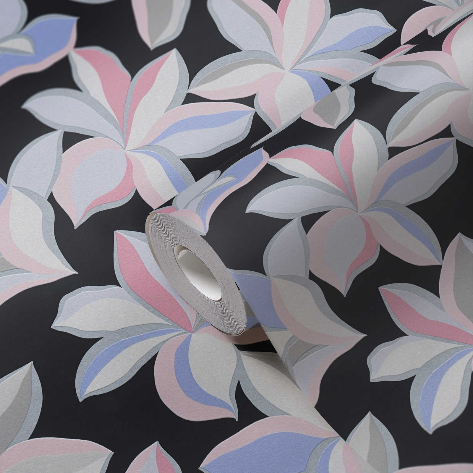 Floral pattern with glossy effect and fine texture - black, grey, pink