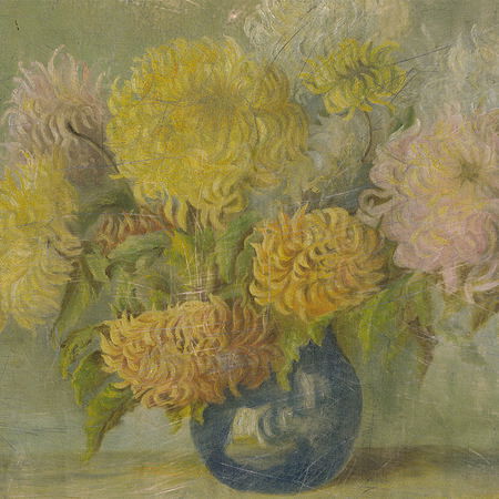         Papier peint peinture à l'huile avec vase bleu et dahlias
    