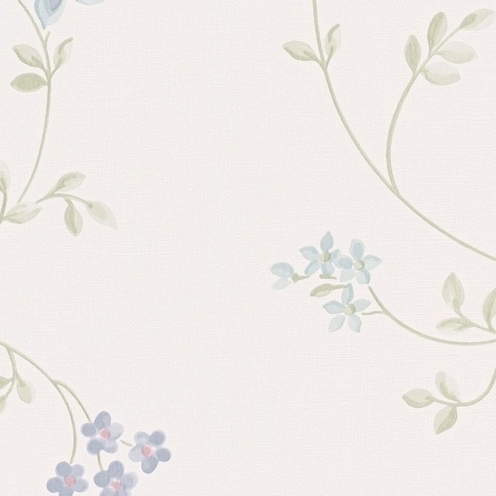 Blumentapete mit Ranken im Landhausstil – Creme, Grün, Blau