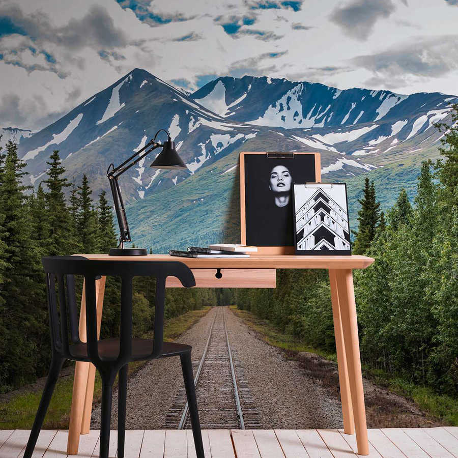         Fototapete mit Zuggleisen durch einen Wald am Gebirge – Grün, Blau, Grau
    