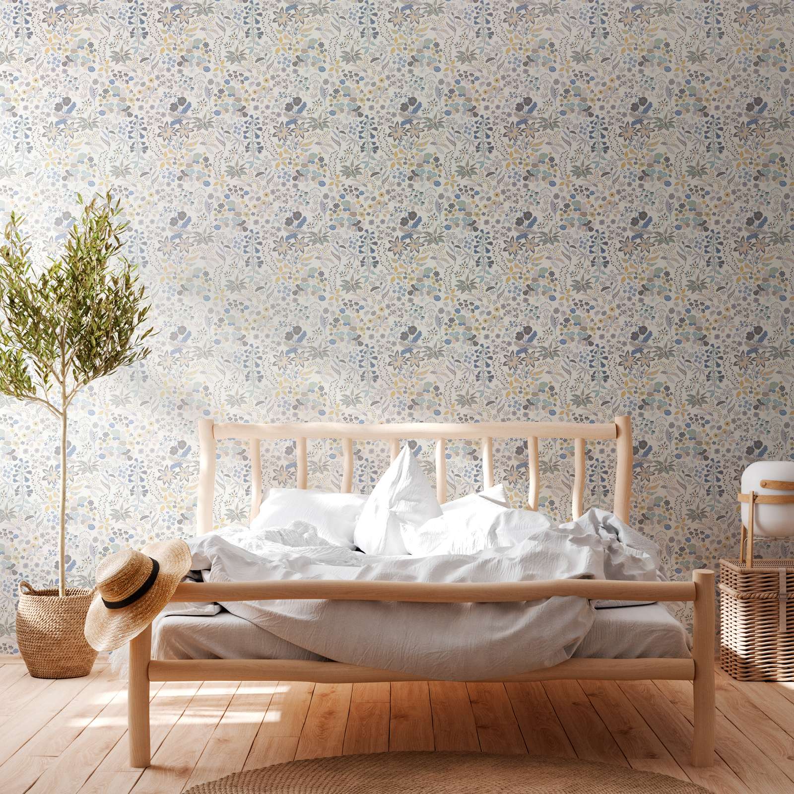             Vliestapete mit detaillierten Blumenmuster - Grau, Blau, Creme
        