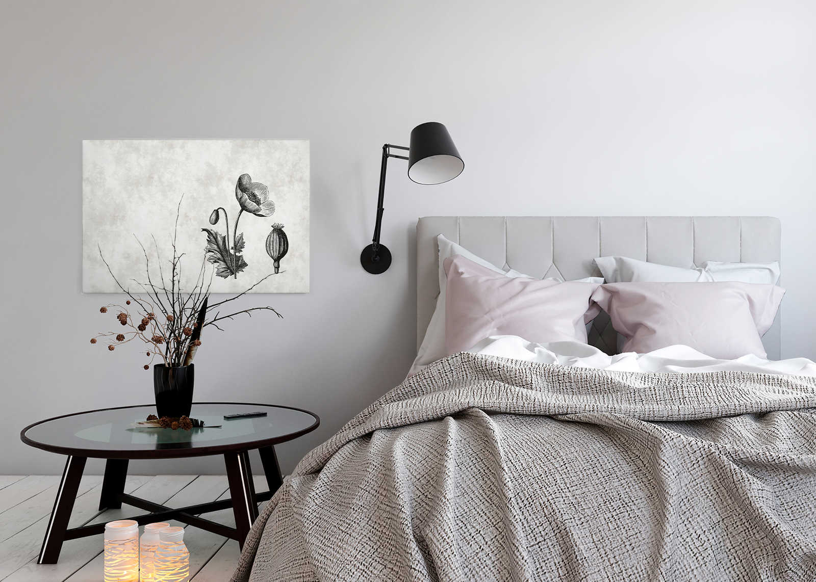             Schwarz-Weißes Leinwandbild Mohnblume Botanical Style – 0,90 m x 0,60 m
        
